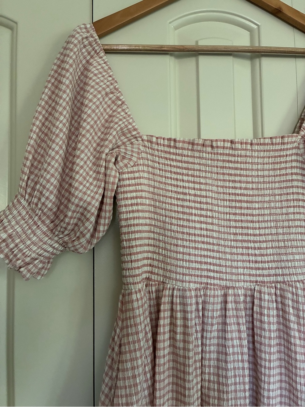 Gingham Smocked Midi Dress in Light Pink - Picture 2 of 3